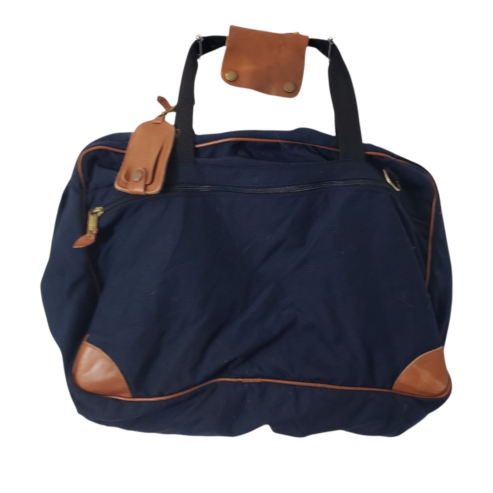 LL Bean Vintage Navy Blue Canvas and Leather Messenger Bag Suitcase No Strap